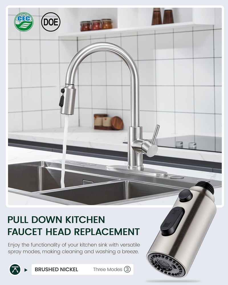 HEISOK Kitchen Faucet Spray Head Replacement, Pull Down Faucet Head Replacement with 15 Adapters, 3 Function Spray Nozzle for Kitchen Faucet, Replacement Pull Out Faucet Head, Brushed Nickel - Image 2